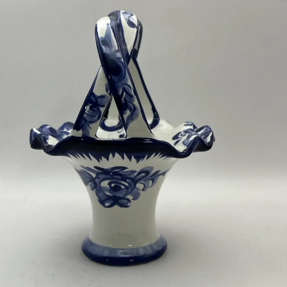 Blue & White Ceramic Floral Basket Hand Painted Portugal Pottery 9